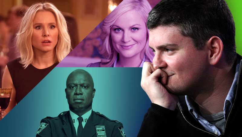 Eleanor of The Good Place (Photo: NBC), Leslie Knope of Parks And Rec (Photo: Mitchell Haaseth/NBC/NBCU Photo Bank via Getty Images), Captain Ray Holt of Brooklyn Nine-Nine (Photo: Fox), and the creator of it all, Michael Schur (Photo: Frederick M. Brown/Getty Images). Graphic: Jimmy Hasse.